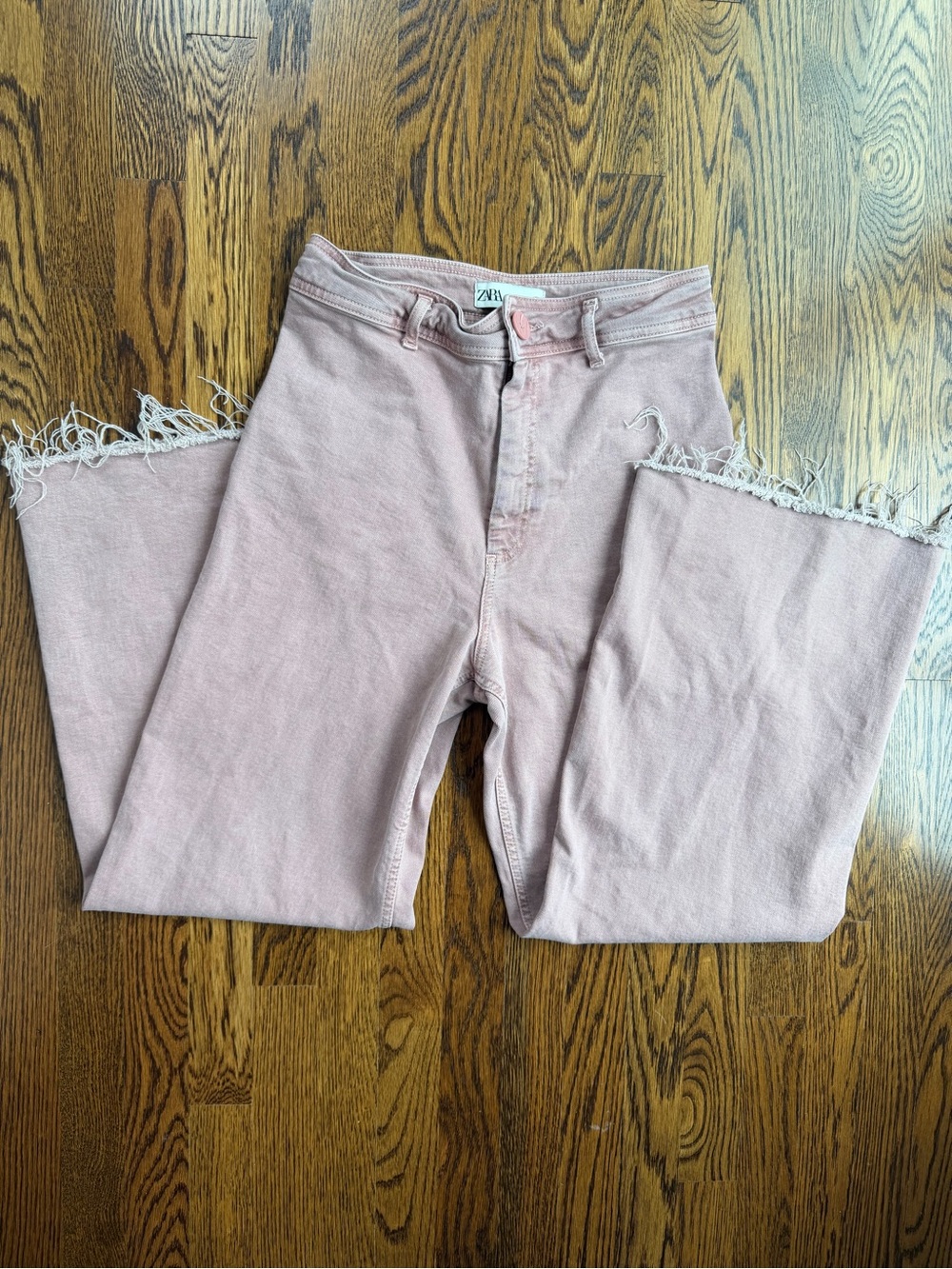 Zara Dusty Pink Wide-Leg Neutral Frayed Hem Jeans